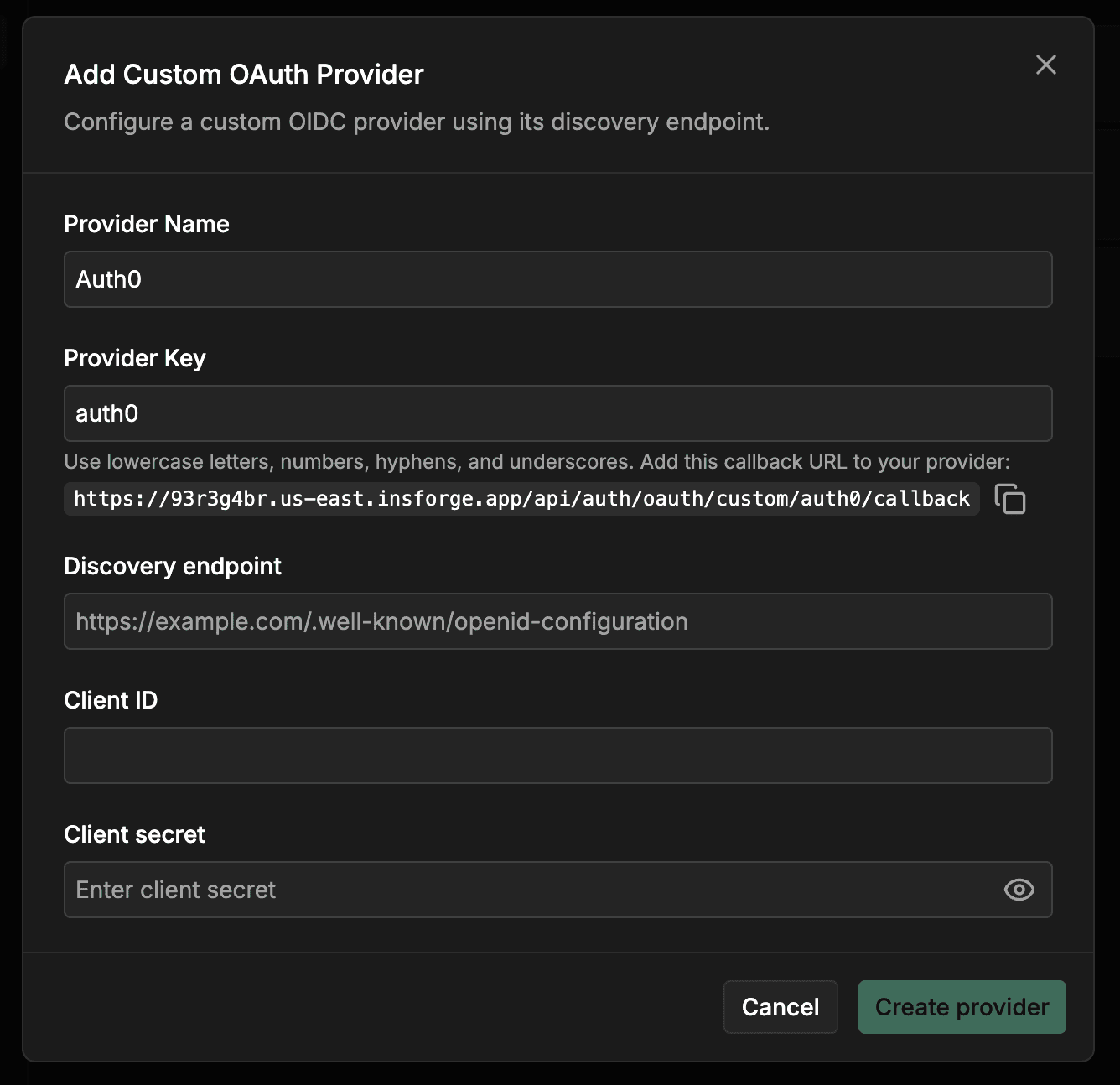 Custom OAuth provider configuration form
