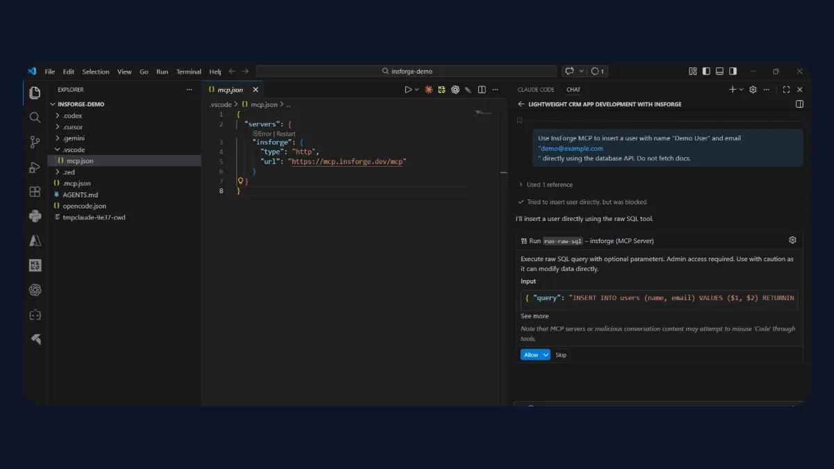 VS Code with Claude Code executing a database insert via InsForge MCP