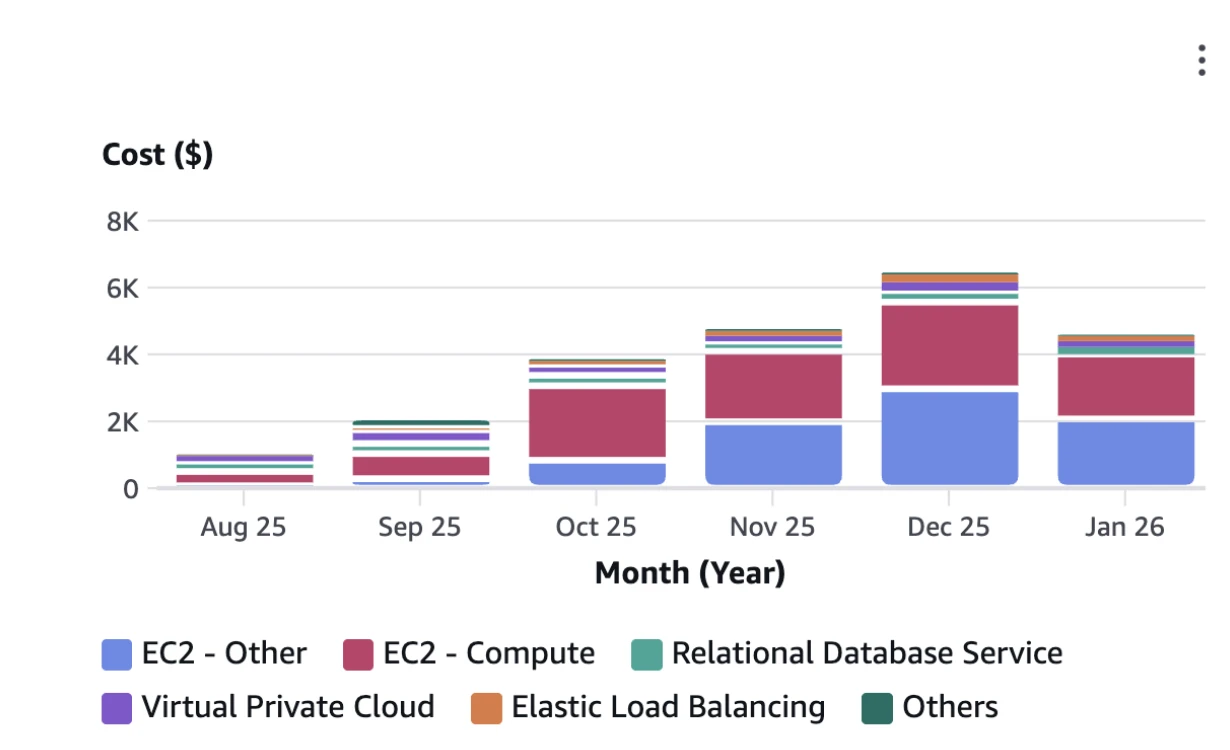 AWS cost breakdown by service showing EC2-Other growing exponentially from Aug 2025 to Jan 2026