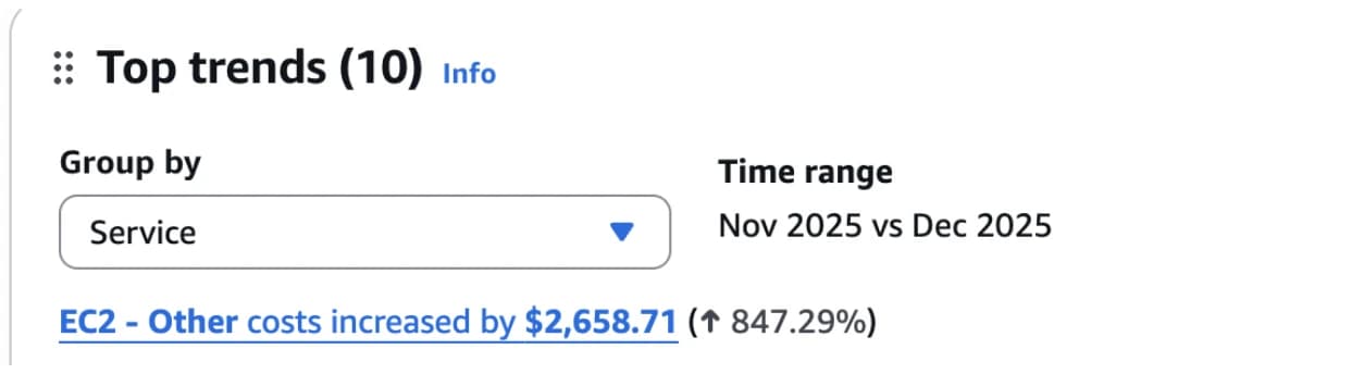 EC2-Other costs increased by $2,658.71, up 847.29% from Nov 2025 to Dec 2025