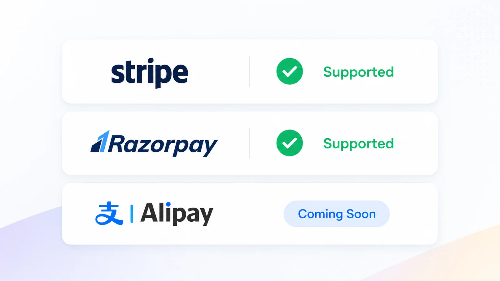 InsForge Payments provider selector with Razorpay selected