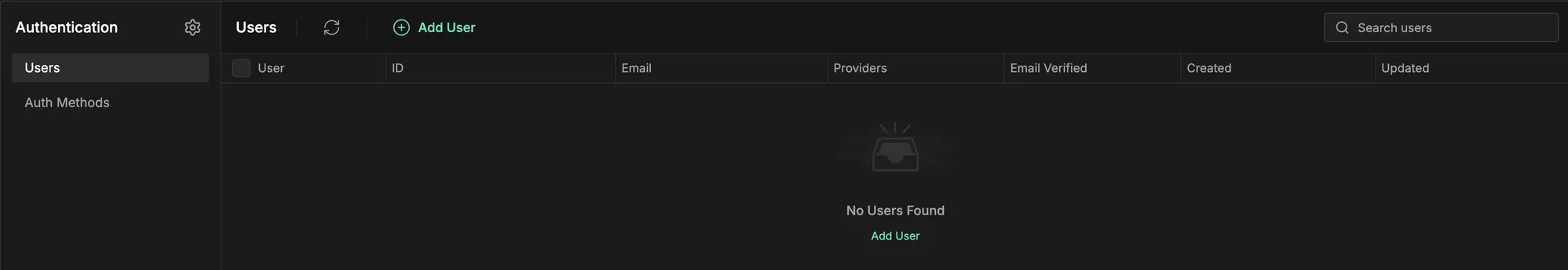 InsForge Auth Users — empty because WorkOS manages users