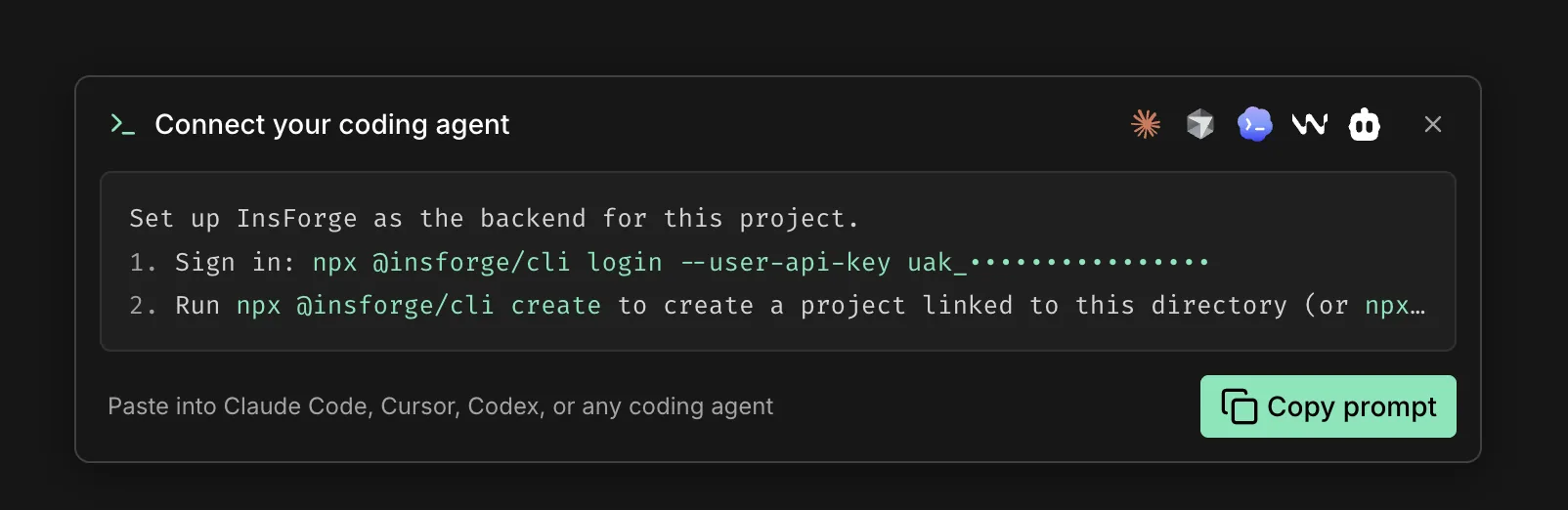 Connect your coding agent dock showing a user API key setup prompt and Copy prompt button