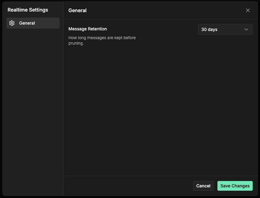 Realtime message retention settings